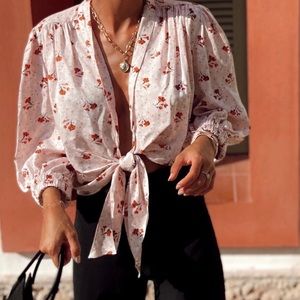 Zara Pink Floral Tie Front Blouse Sz M